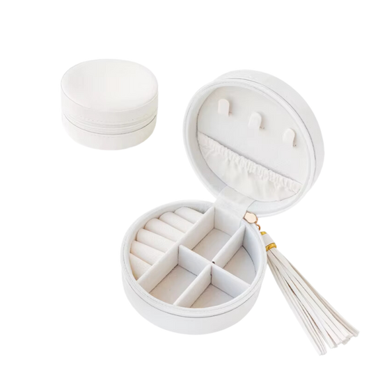 White Mini Tasseled Circle Jewelry Case - Set of 2