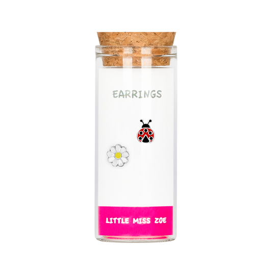 Flower/Ladybug Stud Earrings in a Bottle - Set of 3